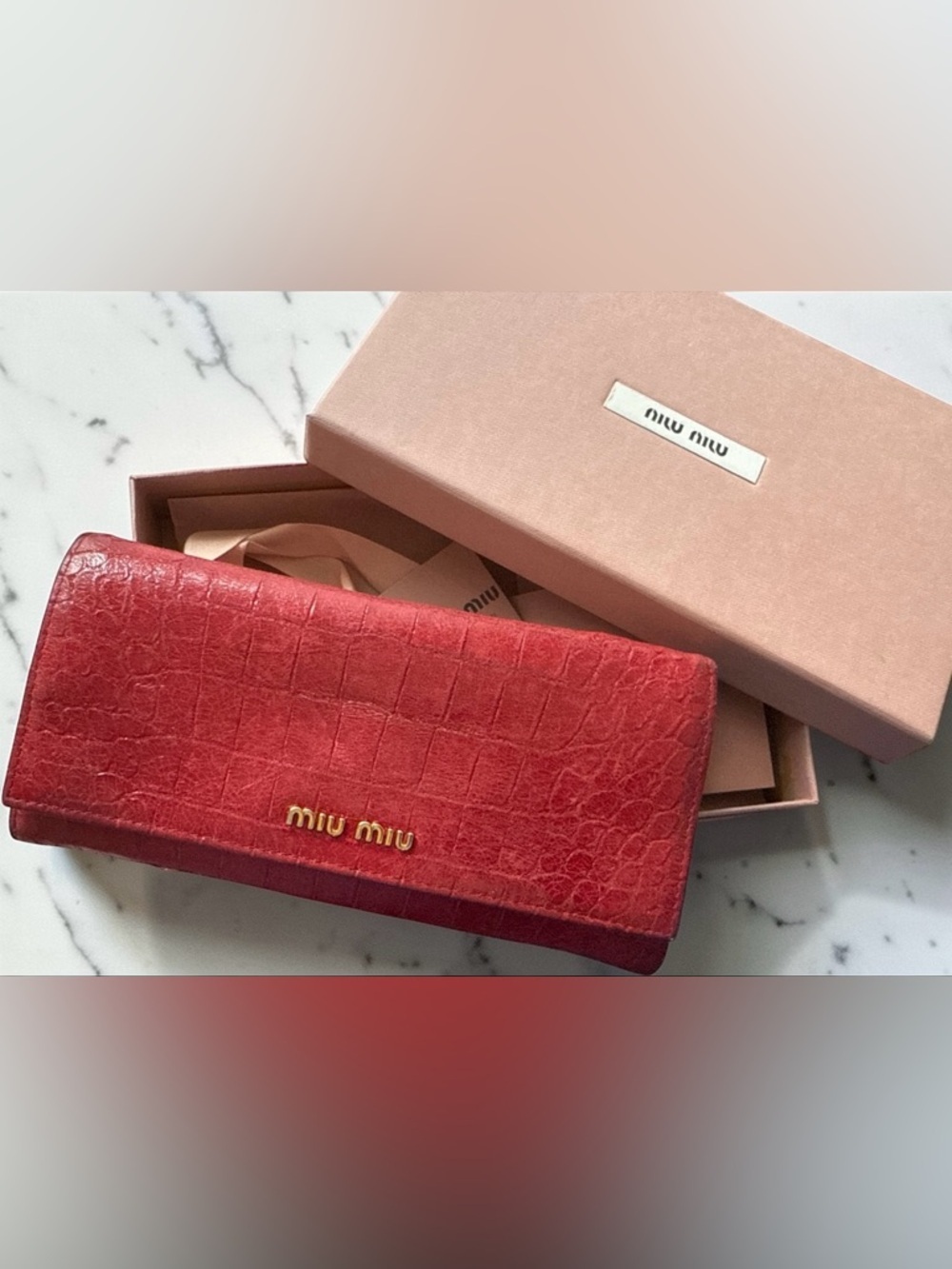 Miu Miu Red Cocco Lux Crocodile Embossed Leather Continental Flap Wallet